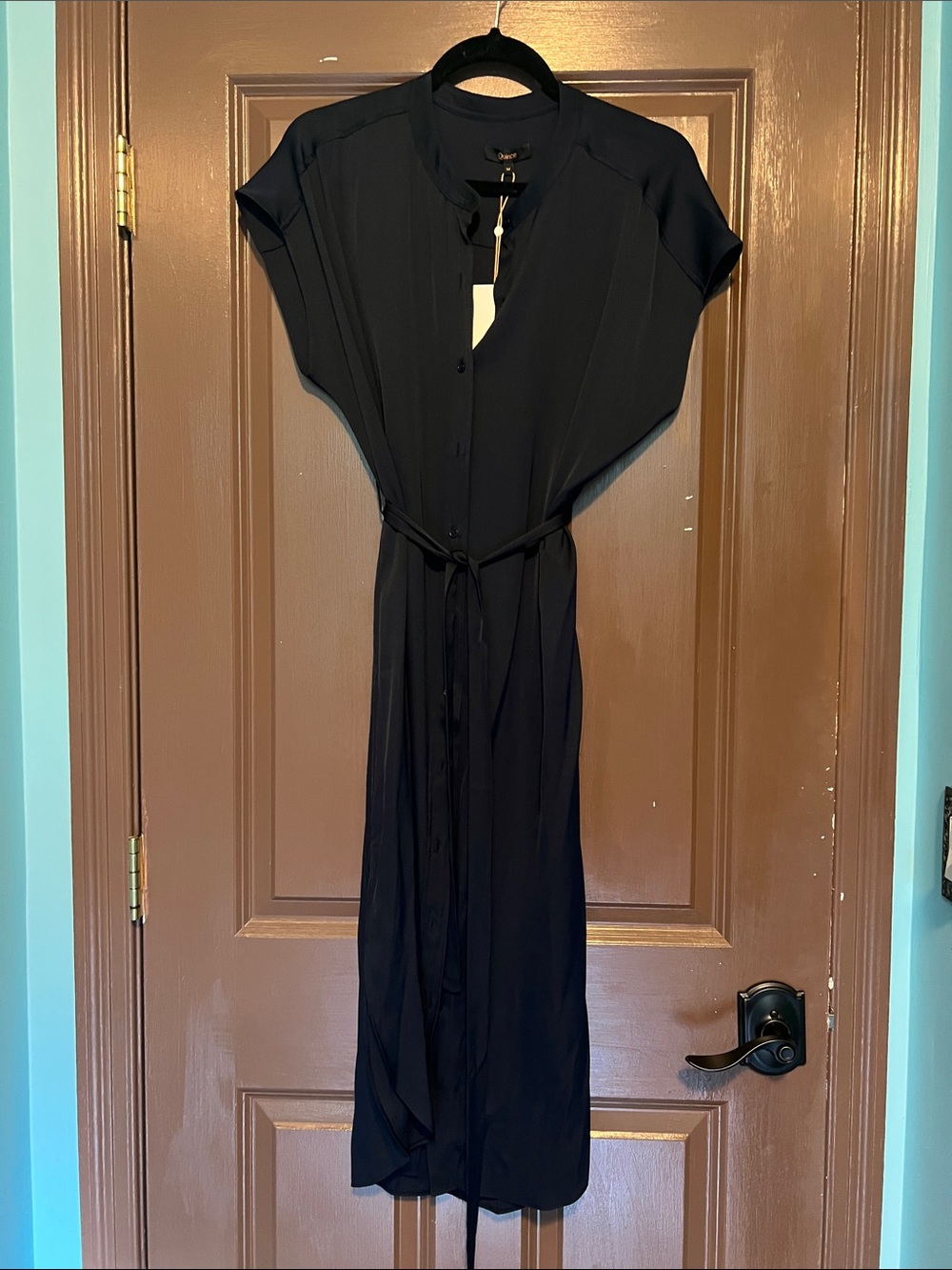 Quince Classic Navy Silk Shirt Dress with Waist Tie M